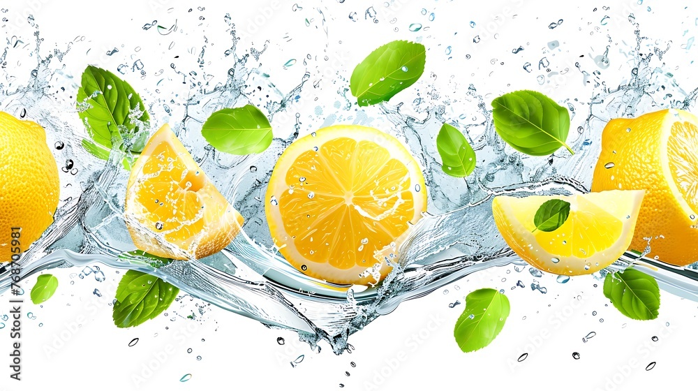 Lemon water splash isolated on a white transparent background, png. Lemon fruit slice, leaves and water splash. Generative Ai Lemon water splash isolated on a white transparent background, png. Lemon fruit slice, leaves and water splash. Generative Ai
