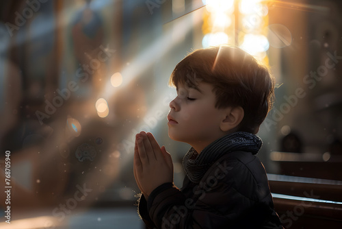 Boy praying in a church