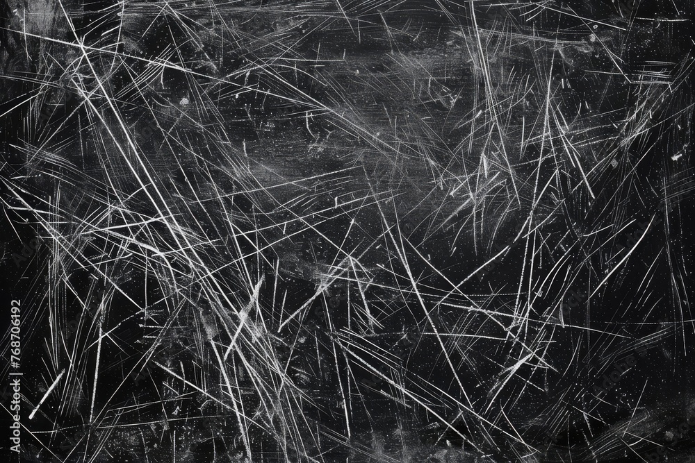 Abstract background with chaotic white charcoal pencil scribbles on a black surface, artistic texture
