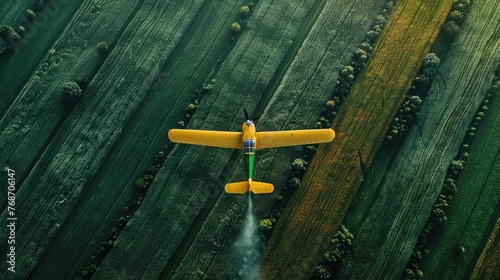 airplane spraying over vast agricultural fields, offering a symmetrical and expansive view of largescale plantation operations.