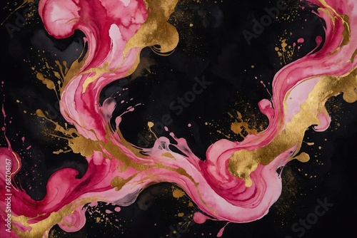 watercolorpink and gold color paint flows texture on black background photo