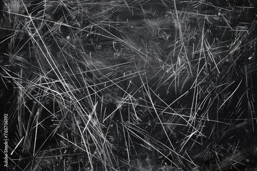 Abstract background with chaotic white charcoal pencil scribbles on a black surface  artistic texture