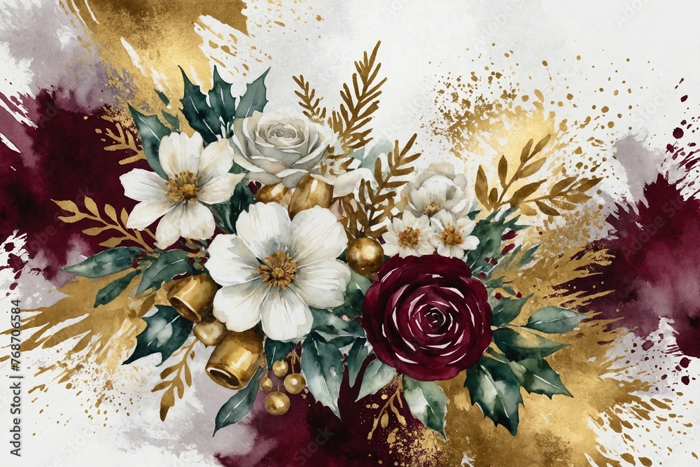vintage watercolor bouquet of red and white flowers, green and golden leaves on paint drops background