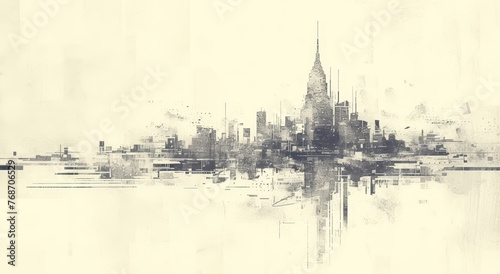 A minimalist ink wash style depiction of the silhouette skyline with sound waves on an aged parchment background. 
