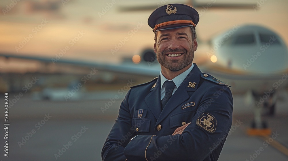 A confident pilot A self-assured male pilot stands in uniform, grinning and with his arms crossed, against the backdrop of an airplane. A confident pilot A self-assured male pilot stands in uniform, grinning and with his arms crossed, against the backdrop of an airplane.