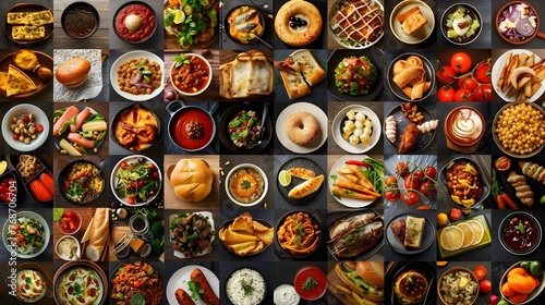 Vibrant Gourmet Food Collage Showcasing an Exciting Journey of Meals and Drinks