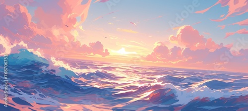 A painting of pink clouds and waves