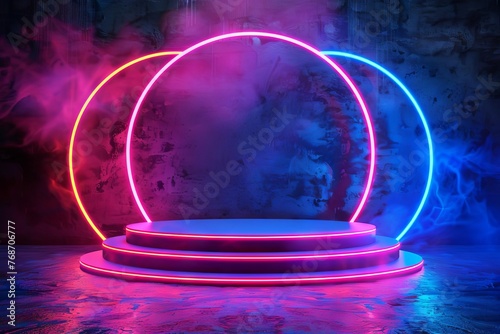 Abstract technology background with colorful neon lights, futuristic product display podium, digital illustration