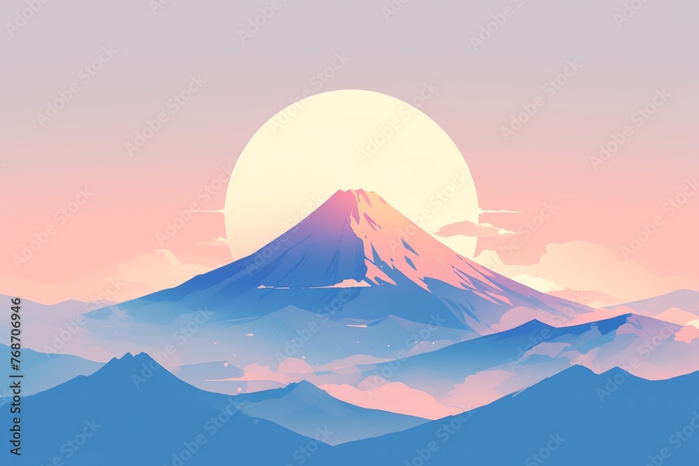 A simple illustration of Mount Fuji at sunrise, with its soft gradients and minimalist design. 