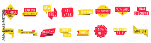 Set of stickers with the inscription sale. Vector flat illustrations. Advertising or promotion. Shopping concept. Promotional price mega sale, shop now, special discount, big sale, limited time, last 