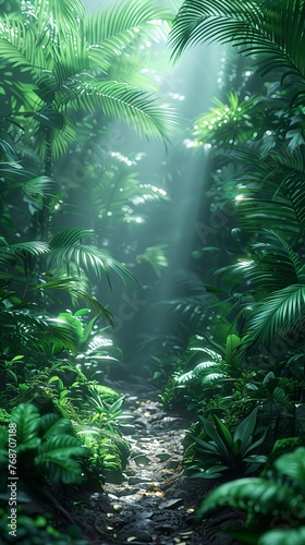 Natural tunnel in tropical jungle forest. Lush  foliage and trees of evergreen dense rain forest.