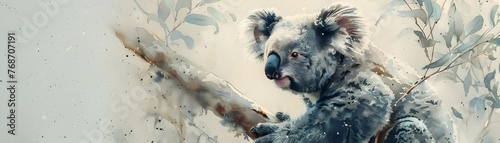 Serene Watercolor Koala Perched Calmly Amidst Leafy Branches