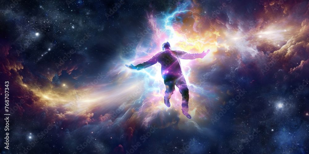 Astral traveller between portals - human appearing to be floating in an electrified energy field in space, being transported astrally  to another dimension abstract spiritual concept
