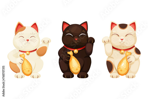 Maneki neko cat tradition figure lucky symbol, pet with collar and bell, golden fish isolated on white background