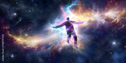 Astral traveller between portals - human appearing to be floating in an electrified energy field in space, being transported astrally to another dimension abstract spiritual concept 