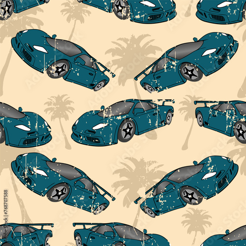 vintage pattern with green sport cars and palm trees in the background