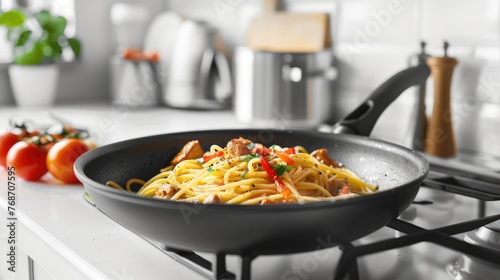 pan filled with pasta topped with meat, presented against a high-quality, photorealistic backdrop of a white kitchen, offering ample empty space for text overlay.