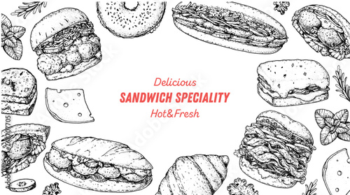 Sandwich speciality frame. Menu design template. Sandwich sketches. Unique recipe. Hand drawn vector illustration.