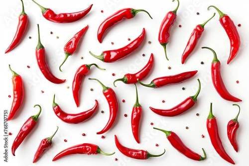 Assortment of fresh red chili peppers isolated on white background, spicy food ingredient top view
