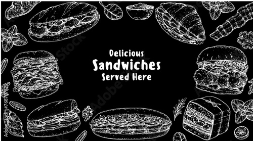 Delicious sandwich frame. Menu design template. Sandwich sketches. Unique recipe. Hand drawn vector illustration.