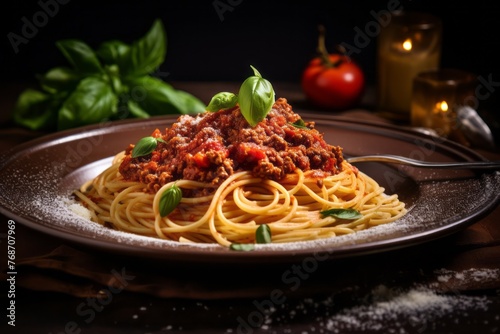 Exquisite spaghetti bolognese on a rustic plate against a natural linen fabric background