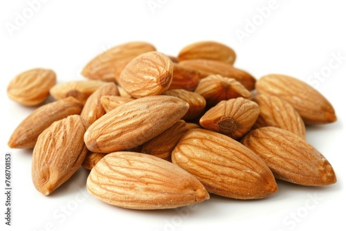 Close-up of Natural and Healthy Almonds Isolated on White Background. Brown Nutrient Rich Almonds for Nature Inspired Food Concept