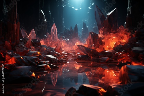 Mystical Glowing Red Crystal Cave Landscape 