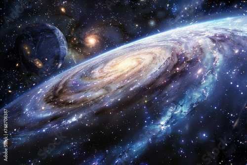 Bright Stars Orbiting Galaxies in the Vast Universe, Astronomical Wonders, Digital Painting photo