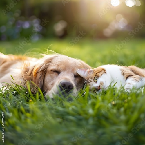 A heartwarming scene of a cute dog and cat resting side by side on a vibrant green grass field in the spring sunshine.