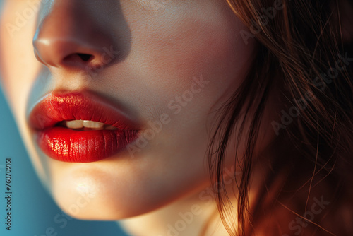 A detailed close-up showcases a woman s red lips  highlighting glossy lipstick and natural skin texture.