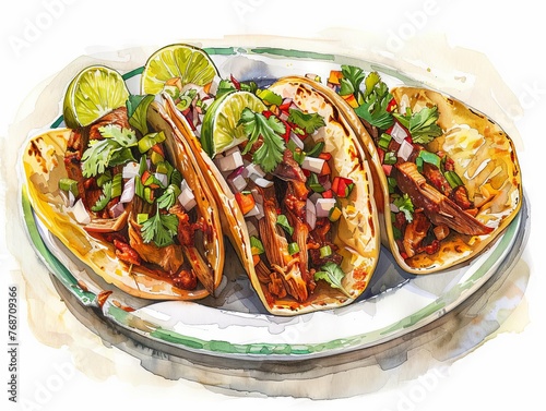 Tacos al Pastor on a hand-painted plate, sunset light from a bustling Mexican plaza - in a set of a colorful street food stand, summer season - focus on product - watercolor pencil illustration