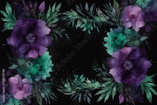 abstract watercolor frame of purple flowers on black background
