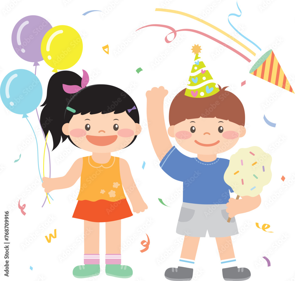 Illustration of a couple of children celebrating with balloons and sparklers