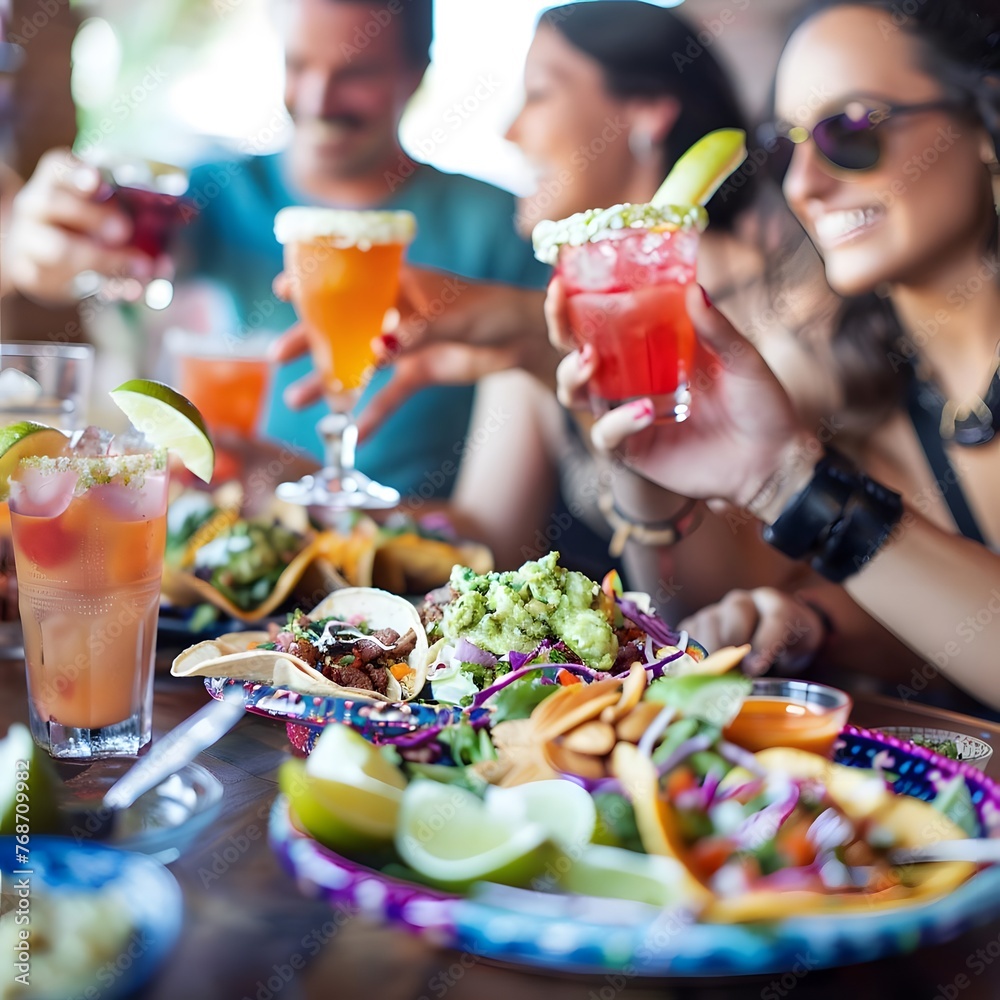 A group of friends having a joyful time indulging in Mexican cuisine at a lively restaurant, filled with colorful dishes and drinks.