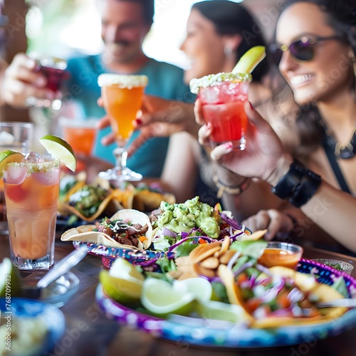 A group of friends having a joyful time indulging in Mexican cuisine at a lively restaurant, filled with colorful dishes and drinks.