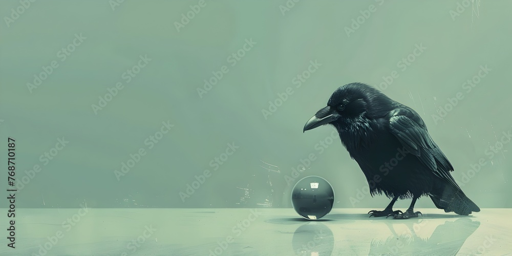 Fototapeta premium Curious Crow Collecting Shiny Metal Ball in Moody Minimalist Backdrop