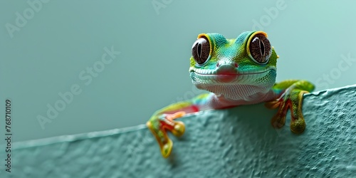 Green Gecko Scaling a Wall with Gravity Defying Agility and Curiosity photo