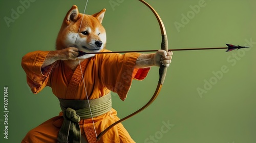 Skilful Shiba Inu Archer Practicing Kyudo Archery in Surreal Studio Setting photo