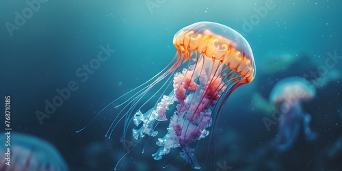 A Captivating Jellyfish Character Drifting Gracefully Through the Serene Ocean Currents Inviting and Wonder photo