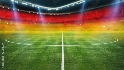 textured soccer game field with neon fog with germany flag - center, midfield. 3D Illustration. © Igor Link