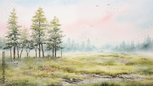Green Nature scenery watercolor line wash painting with trees  grass  bushes and foliage. Aesthetic background for wallpaper and poster.