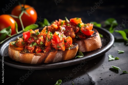 Refined bruschetta on a metal tray against a natural linen fabric background