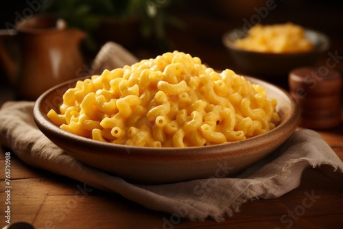 Delicious macaroni and cheese on a rustic plate against a natural linen fabric background