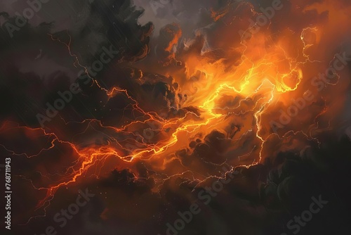 Dramatic Orange Lightning Bolts Striking Across a Stormy Night Sky, digital art