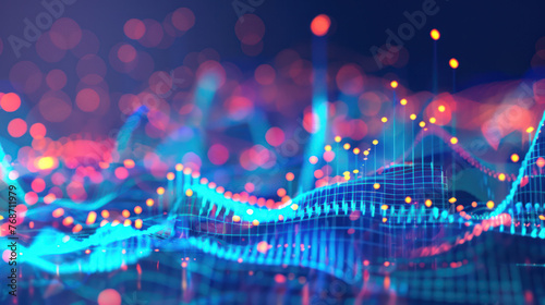 Paisaje de Datos Digitales en Azul Neón. Representación digital de datos y análisis en tonos de azul neón y rosa, con luces bokeh que sugieren innovación tecnológica y la complejidad del big data. © Anta