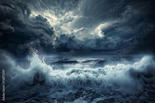 Dramatic storm clouds and lightning over a turbulent ocean with crashing waves, moody seascape photography