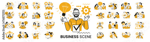 Mega set. Collection of different business concept scenes and situations. Human with icons and images. Taking part in business activities, digital marketing, business concept, workflow scenes.
