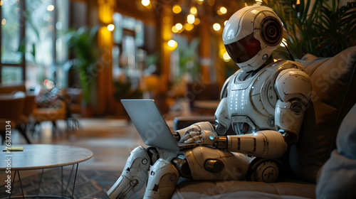 Futuristic Work Environment, Robot Working on Laptop in the Comfort of a Living Room Sofa, Digital Workspace Innovation, Robotic on Task Tablet in a Modern Lobby, Tech-Savvy Productivity.