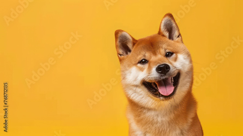 Perro, de raza Shiba Inu, Sonriente en Fondo Amarillo © Anta