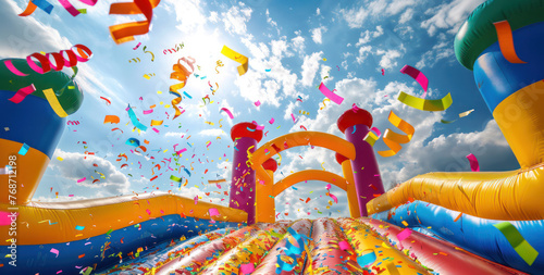 Castillo Hinchable y Confeti en Día Soleado.
Un castillo hinchable multicolor se eleva bajo un cielo azul adornado con confeti volador, capturando la alegría de un día festivo al aire libre. photo